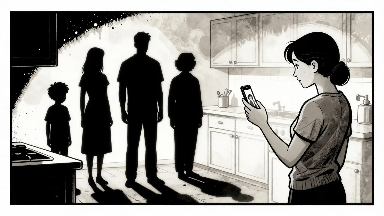 Matka v kuchyni drží fotografii rodiny, její stín se rozšiřuje do tvarů všech členů rodiny, noční osvětlení, sepia odstíny.