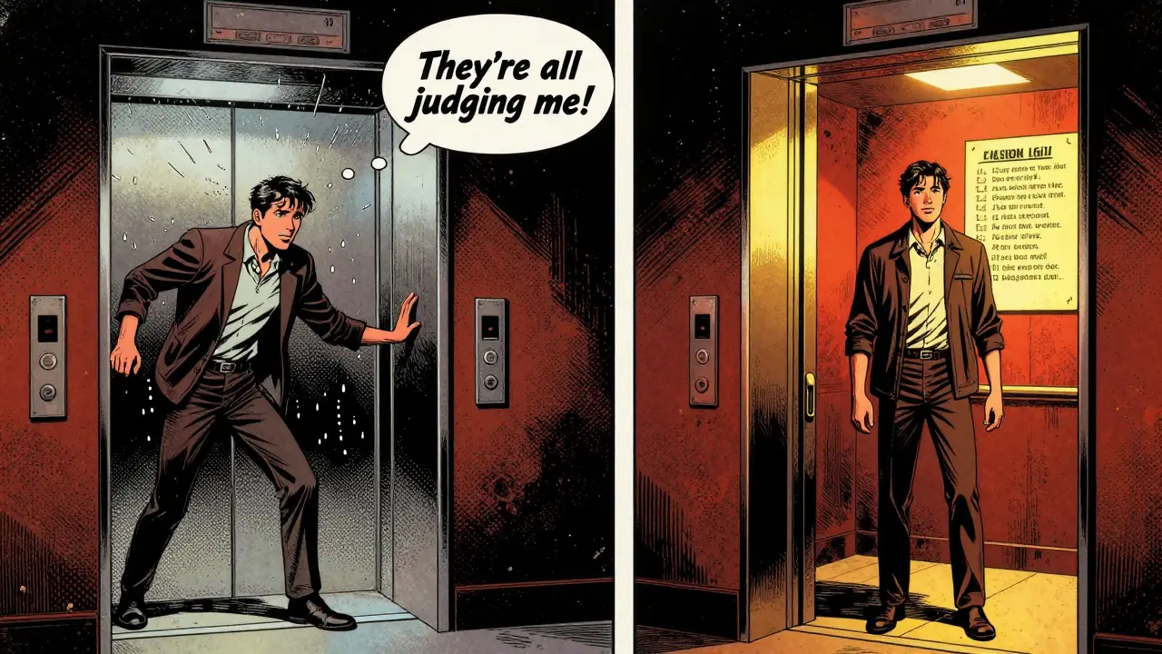 Muž se vydává k výtahu, přičemž jeho strach je znázorněn jako pohyblivé myšlenkové bubliny.