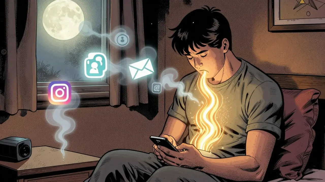 Osoba medituje v posteli, telefon je vypnutý, zlatá energie stoupá z jejího těla.