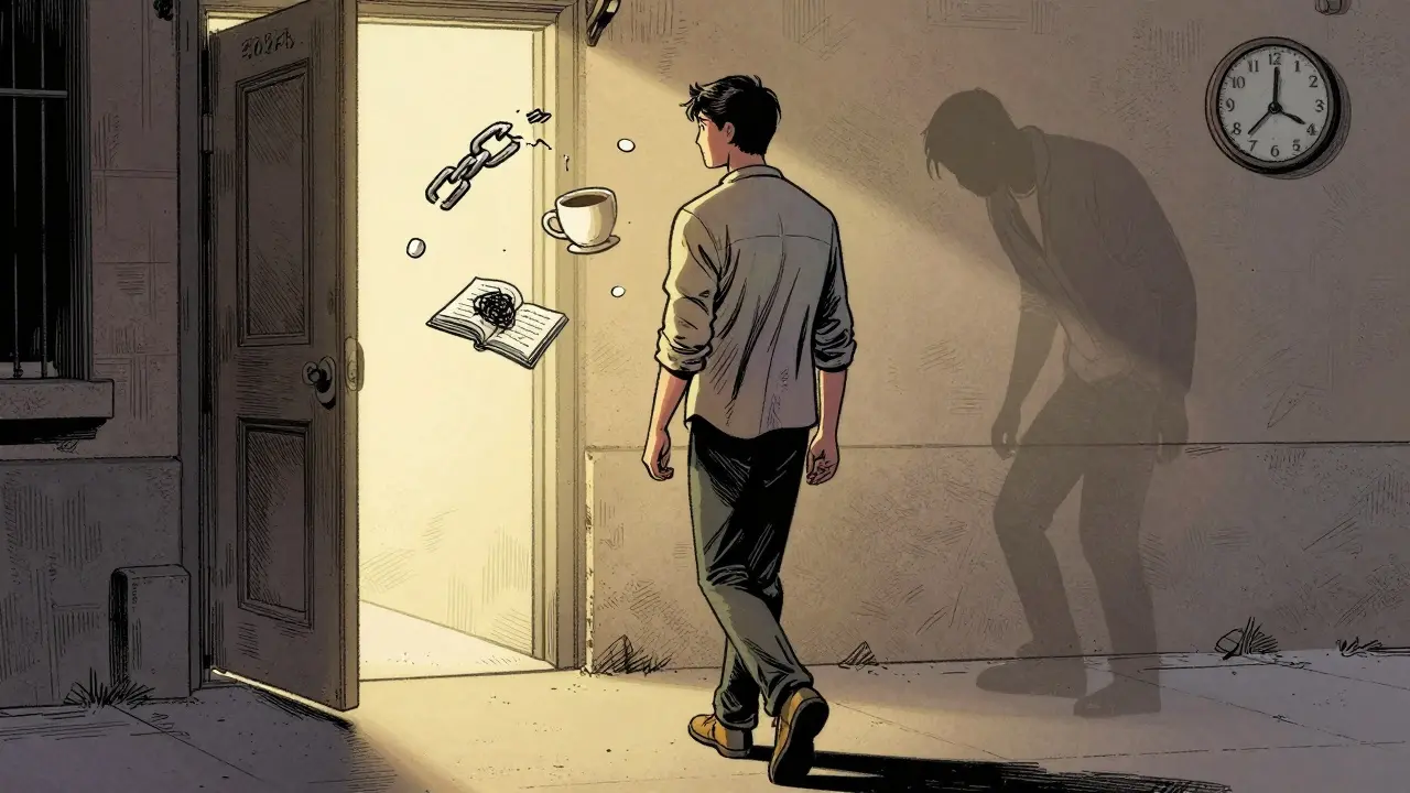 Osoba odchází z terapeutické kanceláře, zatímco její dřívější, zatížená verze se rozplynuje ve zdi.