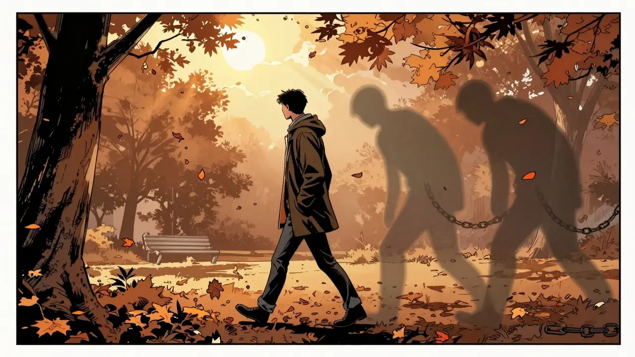 Osoba prochází parkem, za ní postupně mizí temné stíny její minulé sebe.