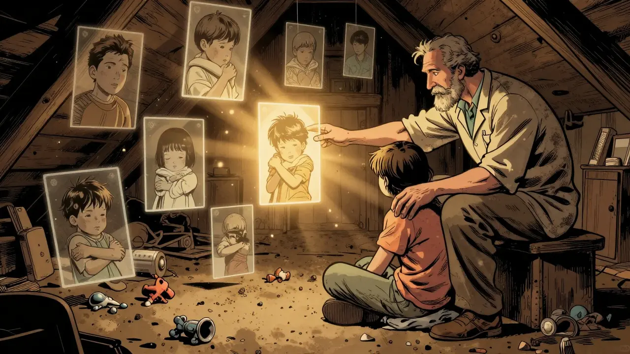 Osoba v opuštěném podkroví, kolem ní vzpomínky z dětství, terapeut září teplým světlem.