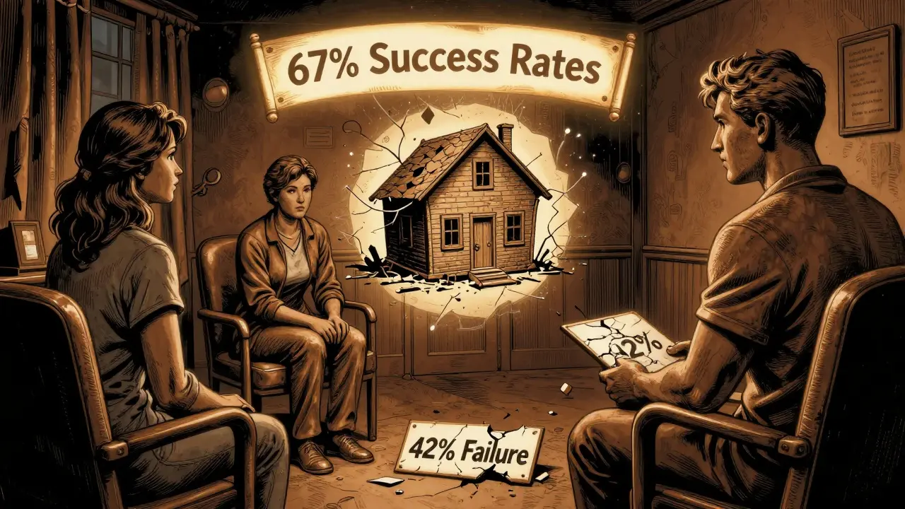 Pár sedí s terapeutem, přičemž jejich vztah je znázorněn jako řítící se dům.