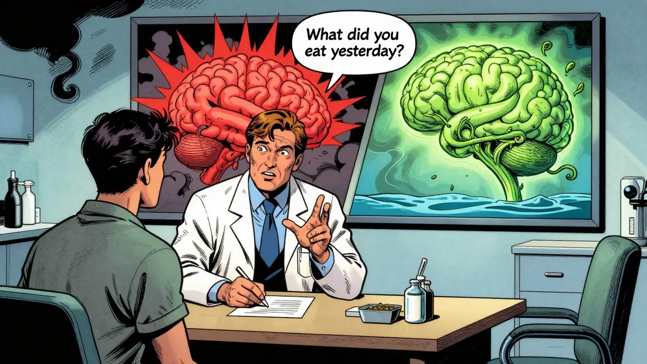 Psychiatr se ptá pacienta na stravu, zatímco za nimi vidíme dvě protichůdné scény mozkového zdraví.