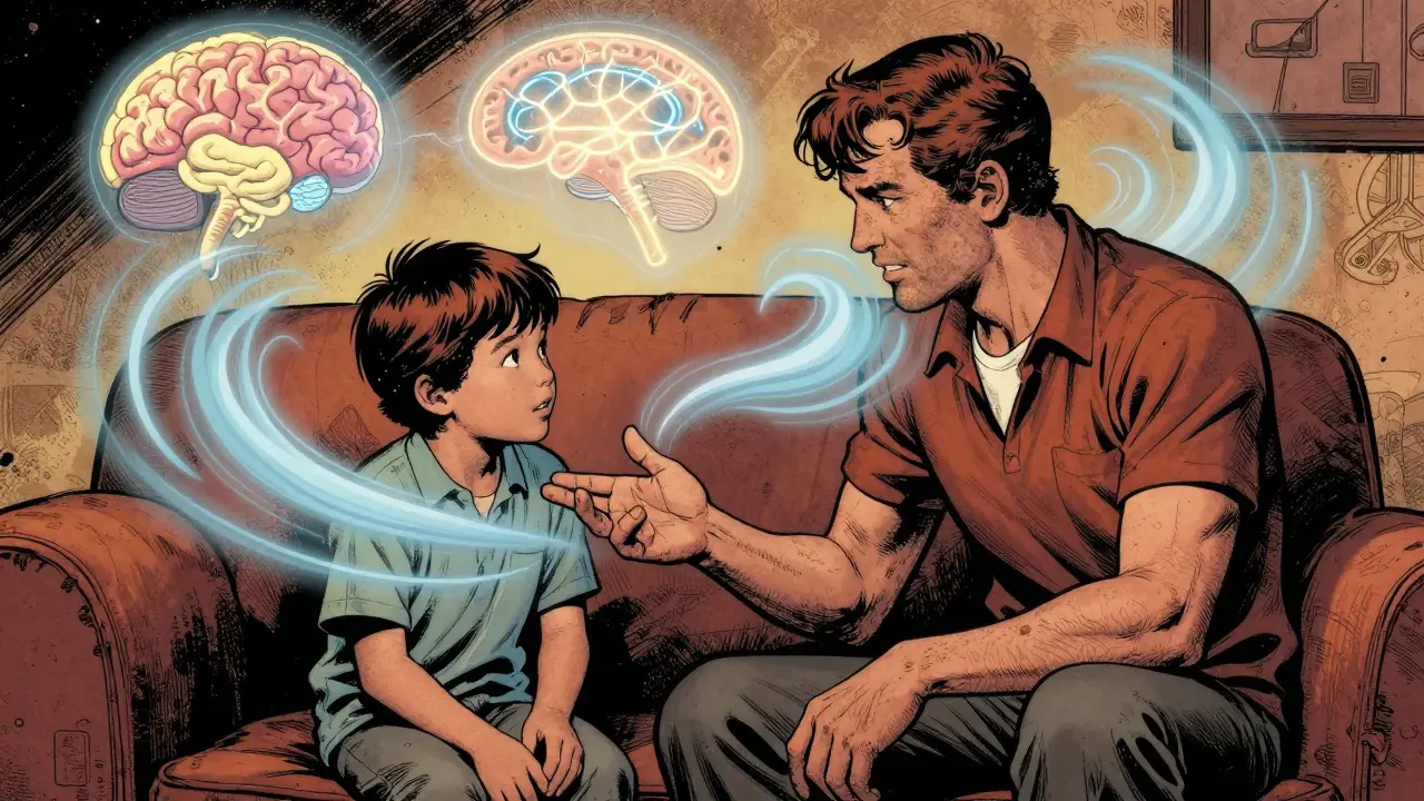 Rodič a dítě na kanapé, empatie jako modré vlny, mozek se mění.