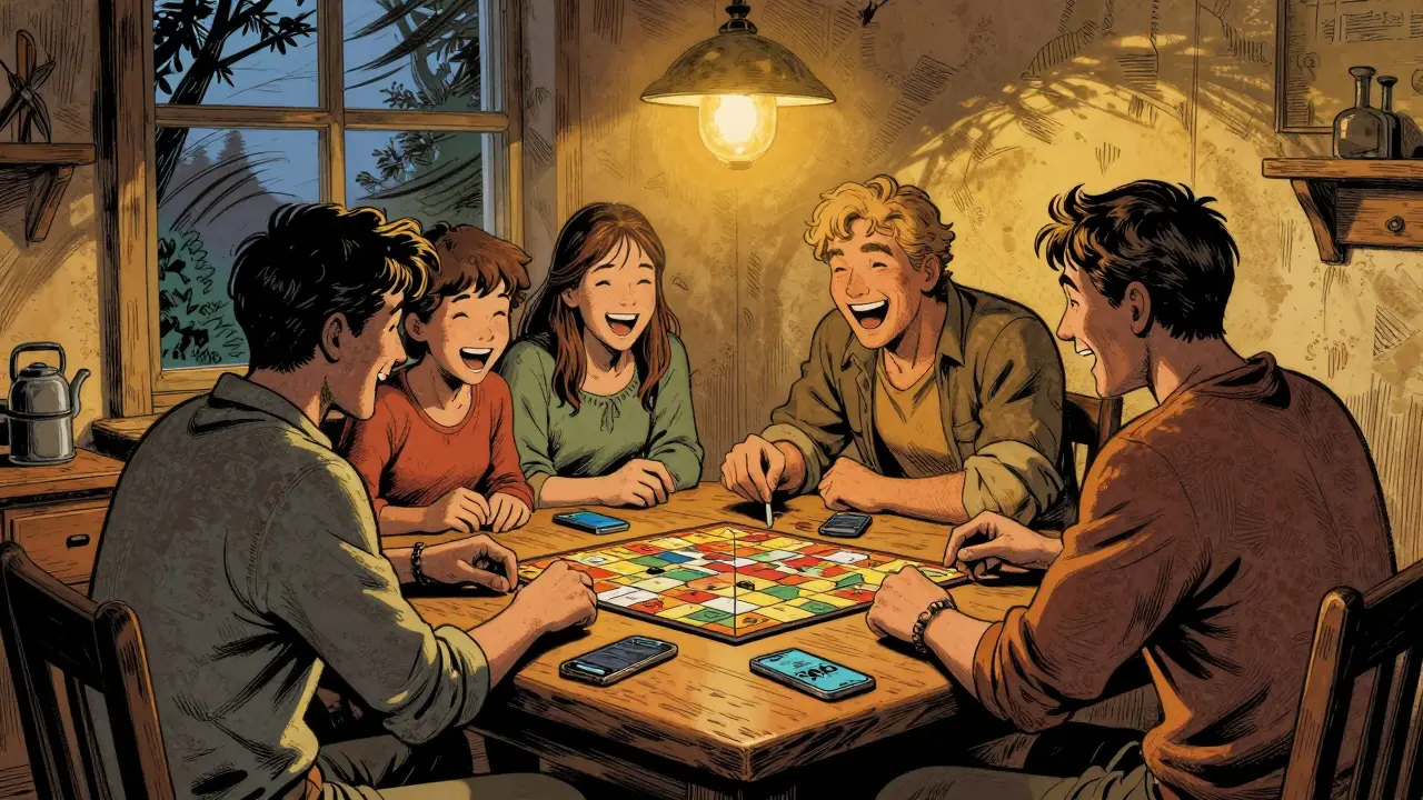 Rodina hraje deskovou hru večer, bez zařízení, jen smích a teplé světlo.