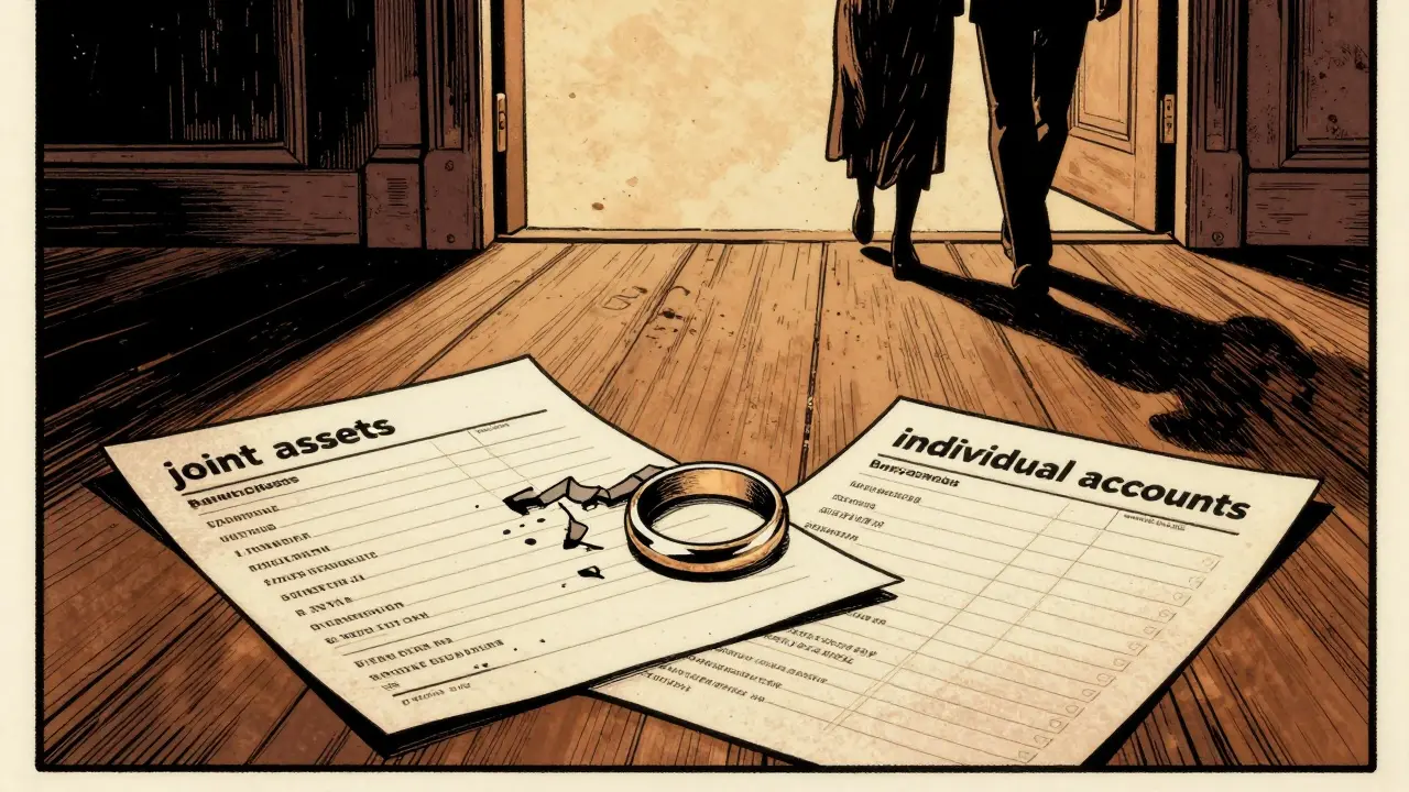 Rozbitý prsten a dvě bankovní výpisy na podlaze, dva postavy odcházejí různými dveřmi, vintage komiksový styl.