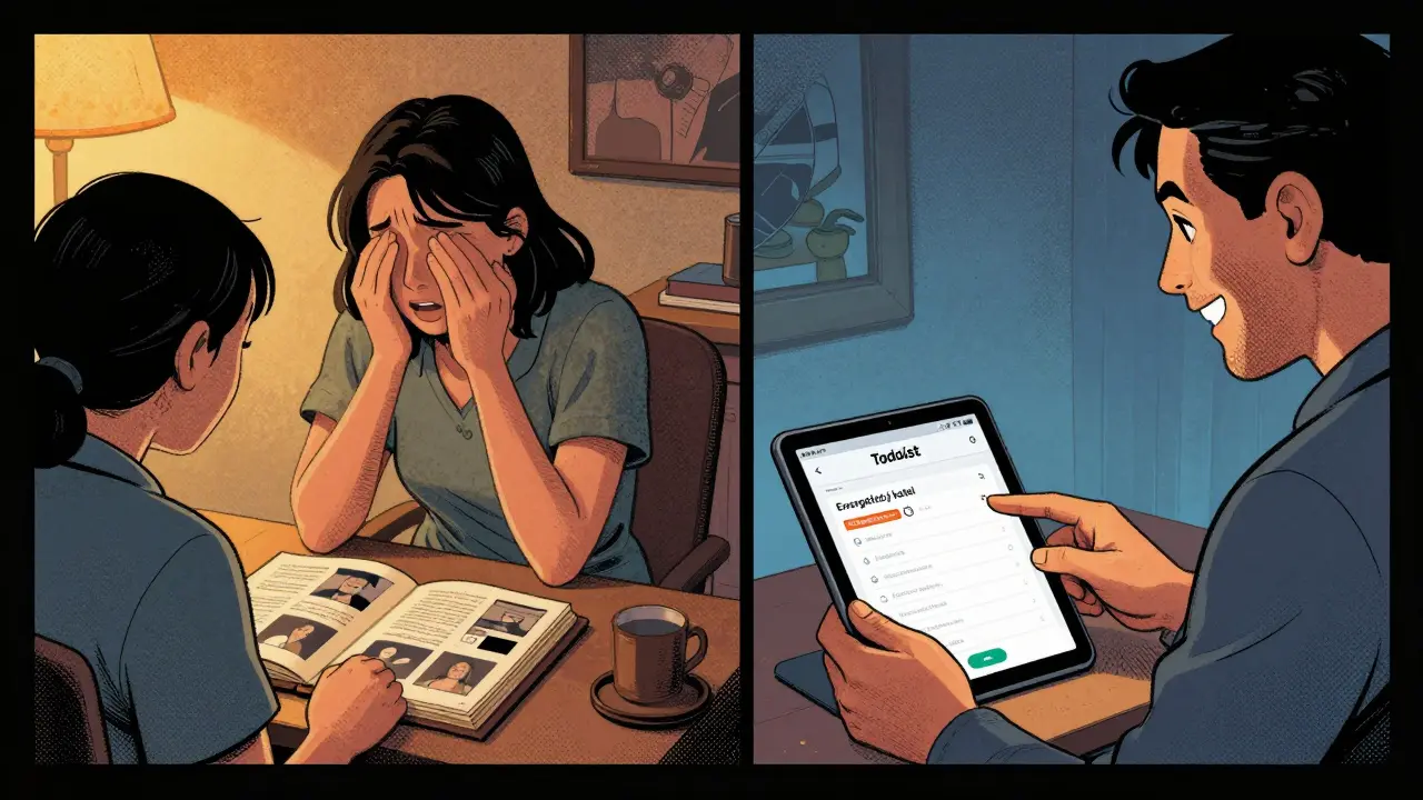 Rozdělená scéna: terapie vlevo s pláčem, ADHD koučink vpravo s nástroji pro organizaci.