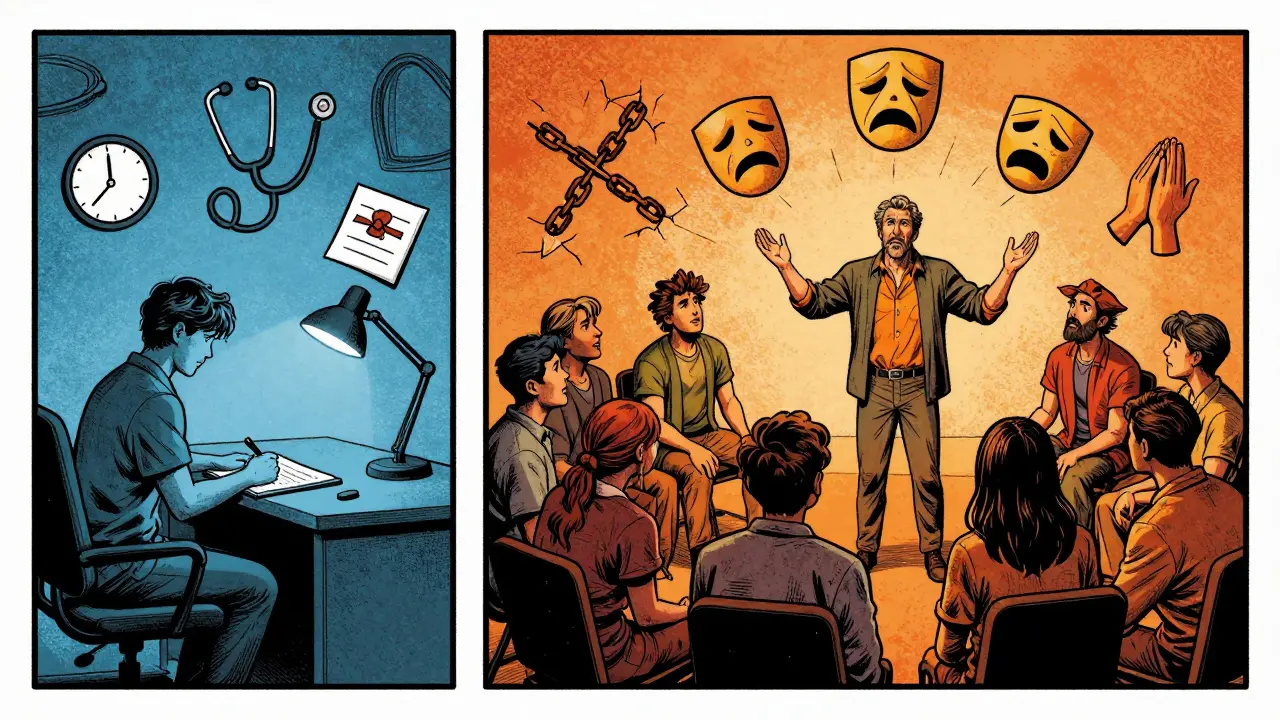 Rozdělený scénář: terapeut pracuje s jedním klientem vlevo a s skupinou vpravo.