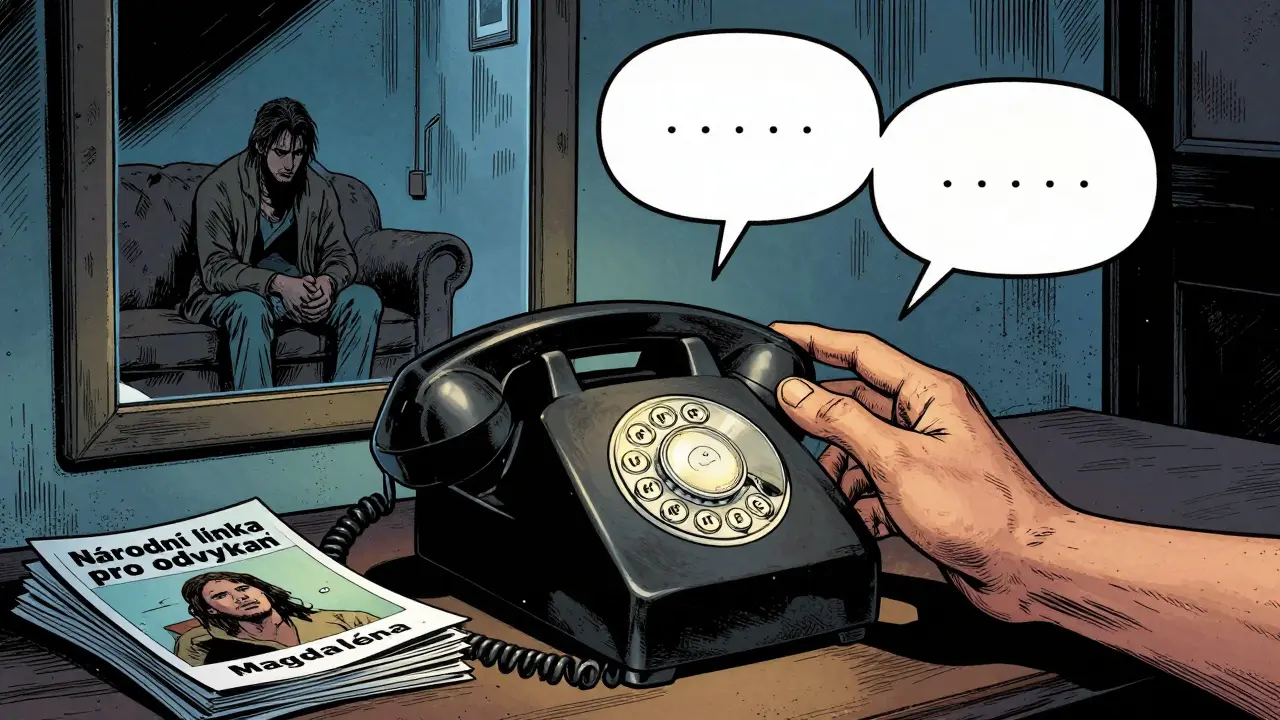 Ruka se táhne po telefonu vedle brožur, v zrcadle se odráží osamělá postava.