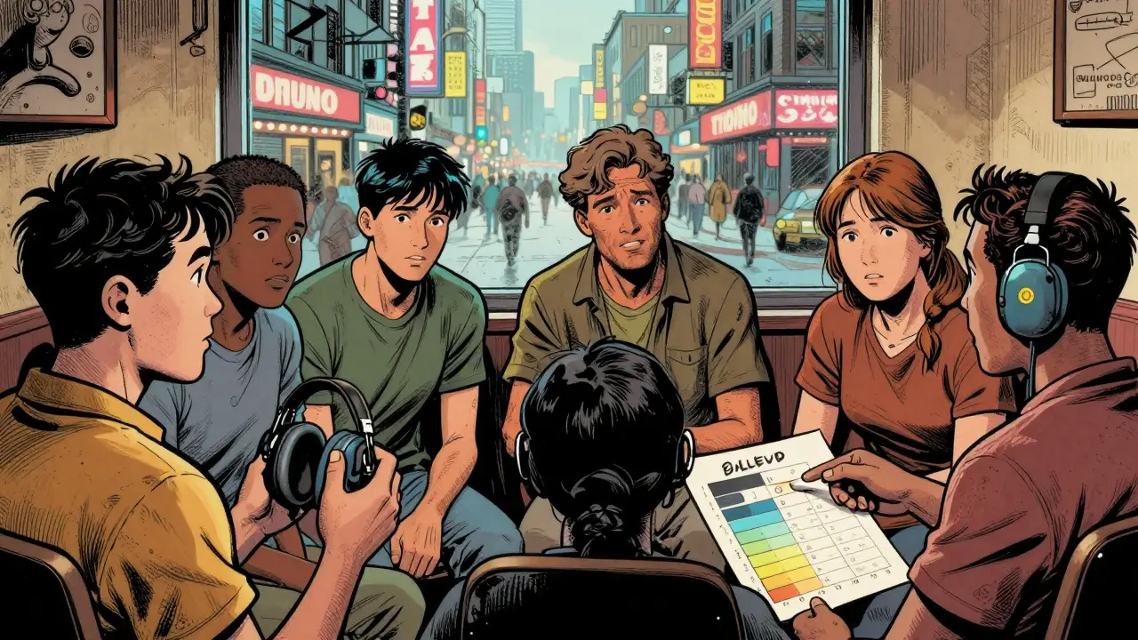 Skupina dospělých s autismem v podpoře, s vizuálními nástroji a klidným prostředím.