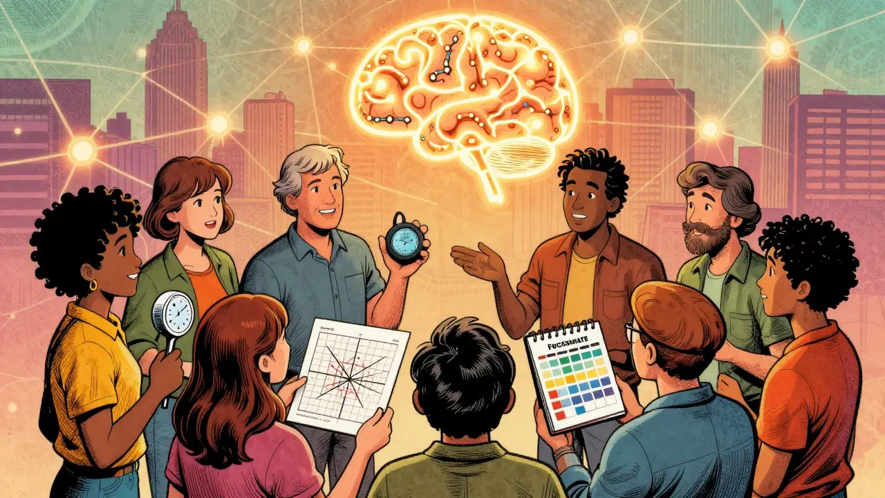 Skupina dospělých s nástroji pro ADHD, nad nimi svítí aktivovaný mozkový diagram.