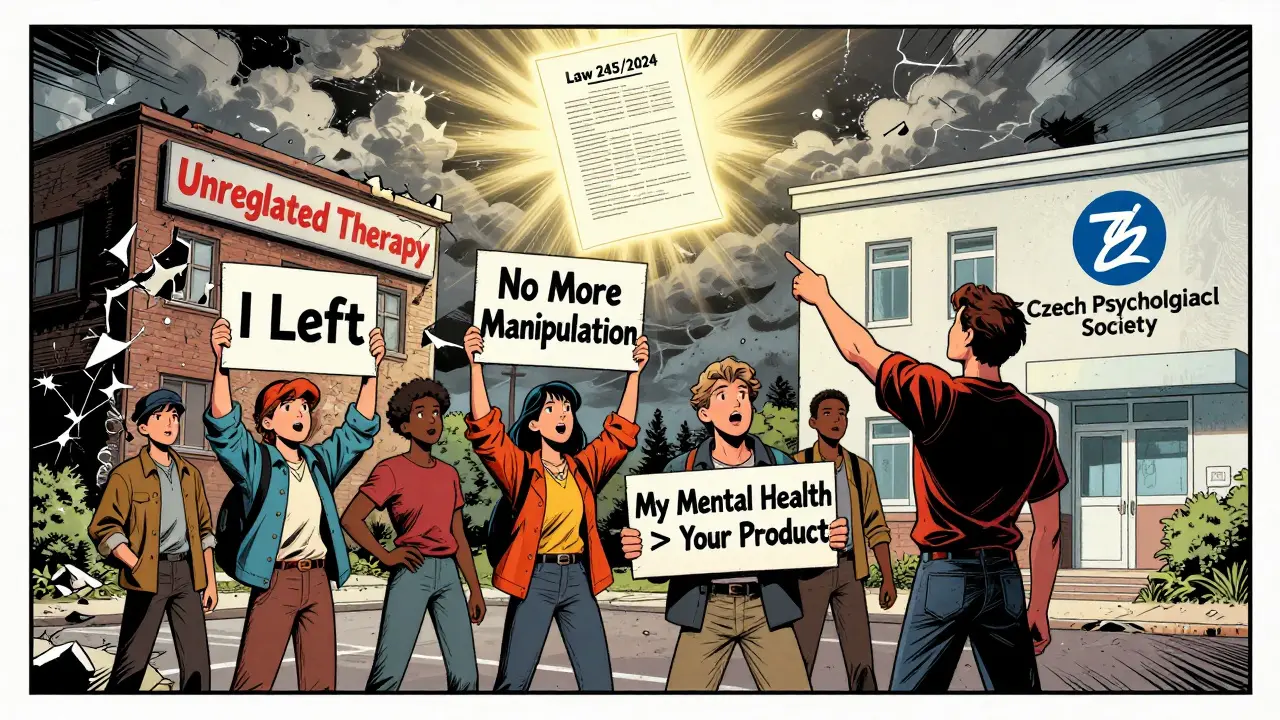 Skupina lidí stojí před rozpadající se budovou terapie, za nimi září zákon o regulaci.
