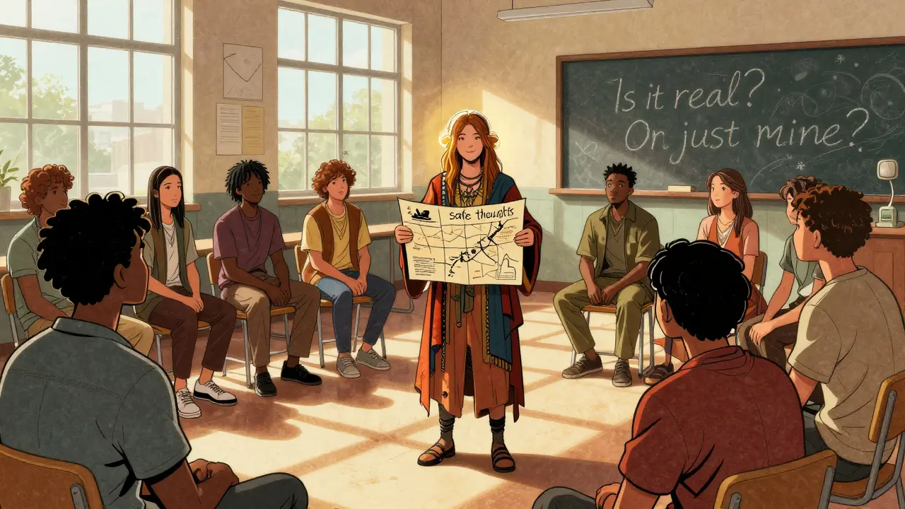 Skupina lidí v centru, jeden s kresbou bezpečných myšlenek, ostatní naslouchají.