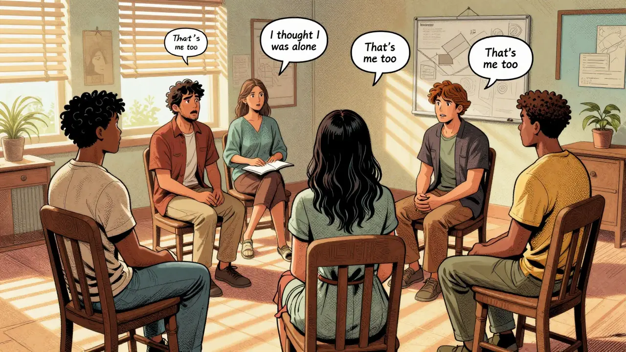 Skupina lidí v kruhu poslouchá jednoho z nich, kteří si uvědomují, že nejsou sami.