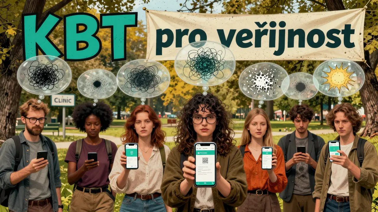 Skupina lidí v parku s telefony zobrazujícími aplikace pro KBT, nad nimi se rozptylují myšlenky.