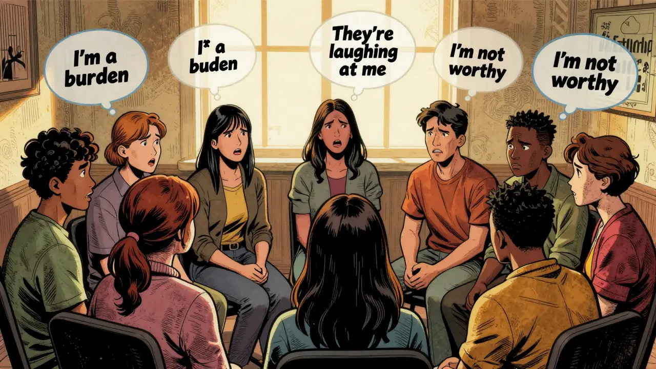 Skupina lidí v terapii, jejich myšlenky jsou viditelné jako bubliny s vnitřními strachy a sebeobviňováním.