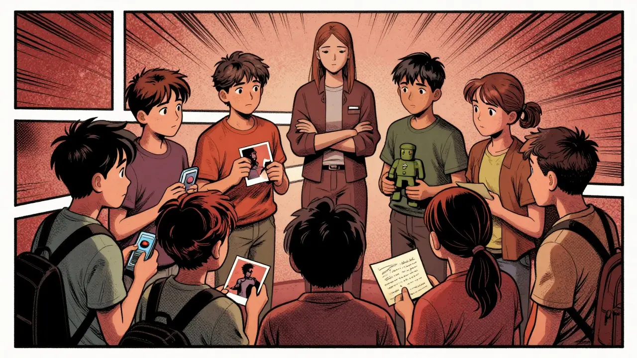 Skupina teenagerek sdílí symbolické předměty v terapeutickém kruhu.