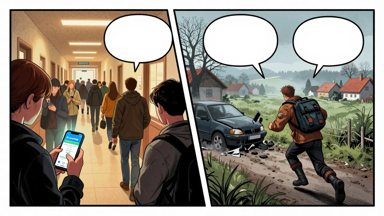 Split scene: urban crisis app use vs. rural intervener rushing to accident in misty village.