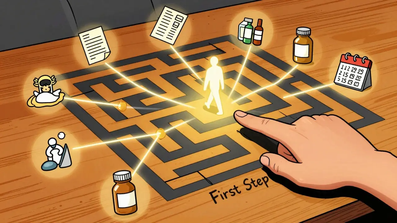 Symbolická mapa duševního zdraví s cestou označenou 'První krok', spojující úzkost, spánek a vztahy.