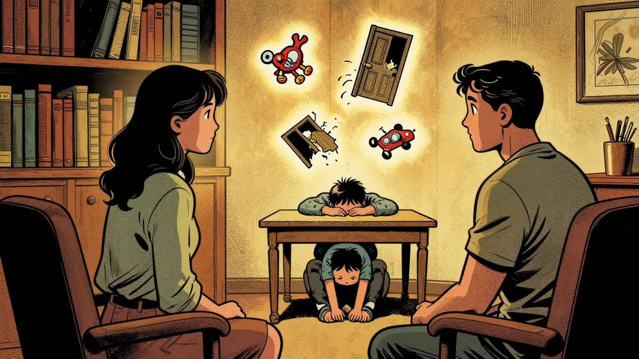 Terapeut a klient sedí ticho, kolem nich plavou vzpomínky z dětství v klasickém komiksovém stylu.