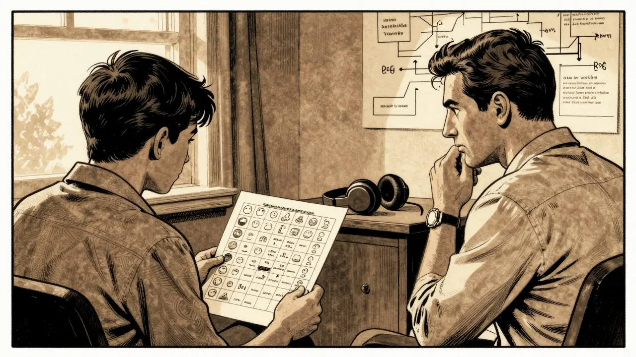 Terapeut a klient spolu v klidné místnosti s vizuálními pomůckami a tlumícími sluchátky.