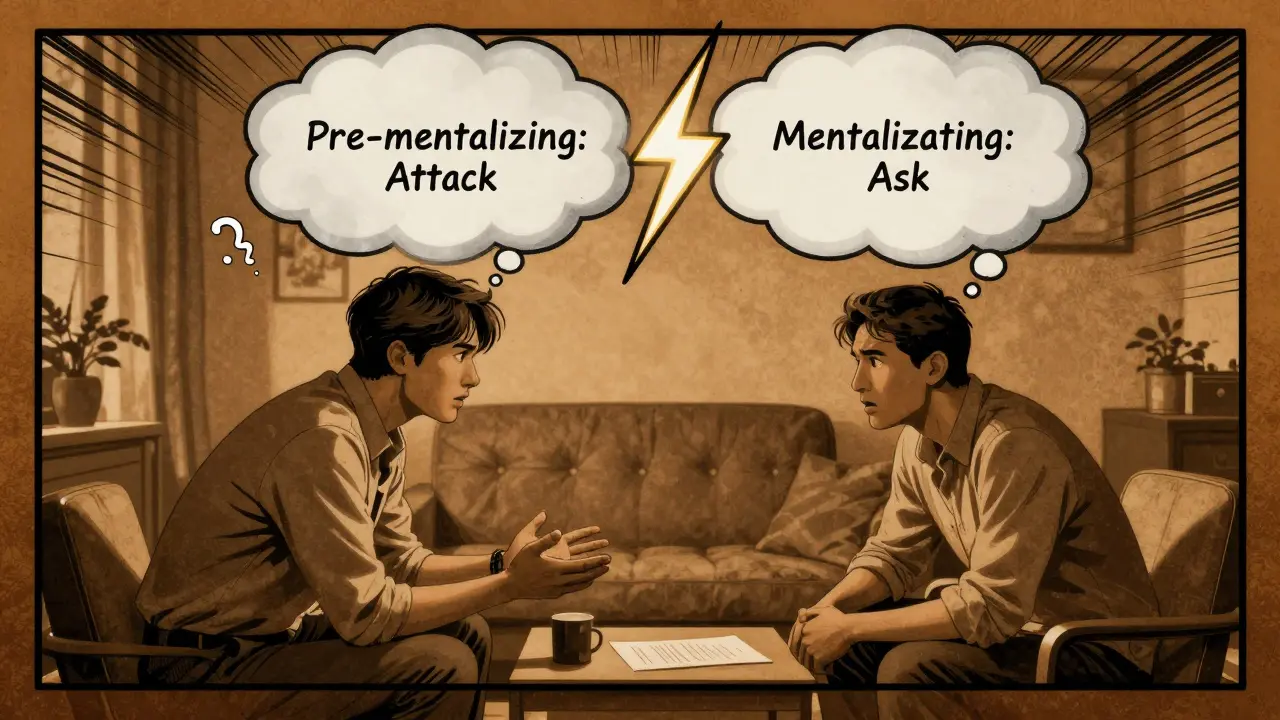 Terapeut a pacient během terapie, nad nimi se objevuje rozdělená myšlenková oblaka: útok vs. otázka.