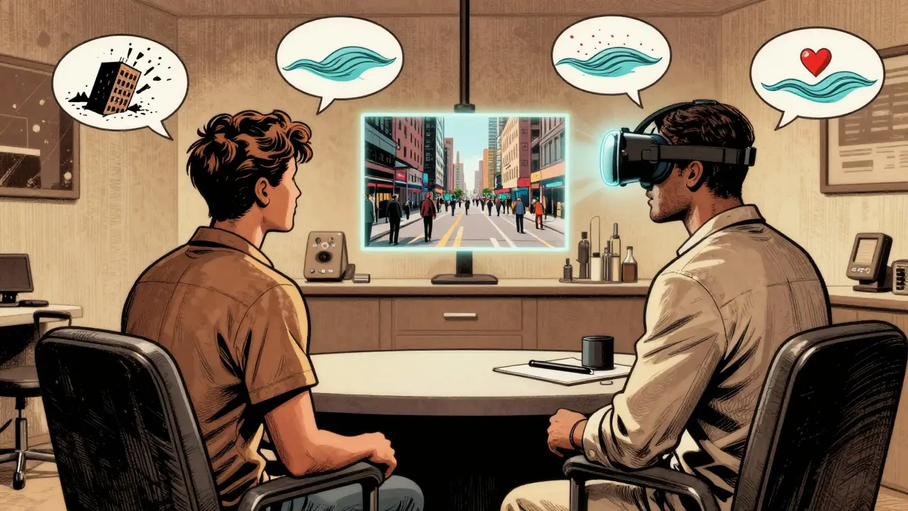 Terapeut a pacient s virtuální realitou zobrazující národní ulici.