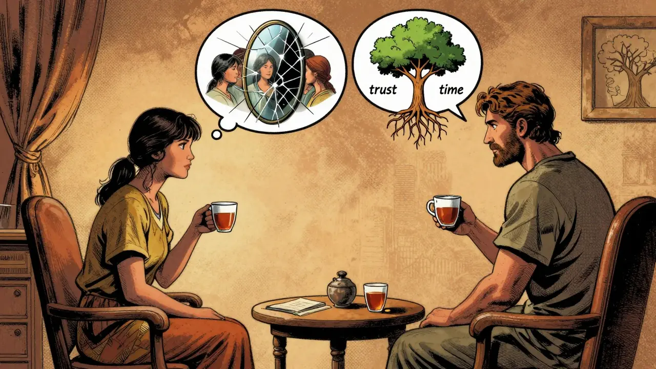 Terapeut a pacient sedí v místnosti, nad jejich hlavami se objevují myšlenkové bubliny.