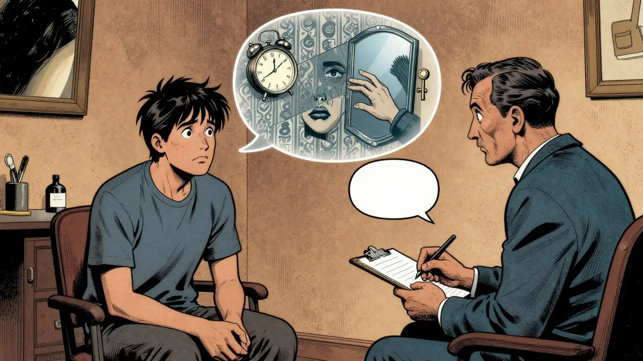 Terapeut a pacient v kanceláři, mezi nimi průhledná myšlenková bublina s neobvyklými obrazovými prvky.