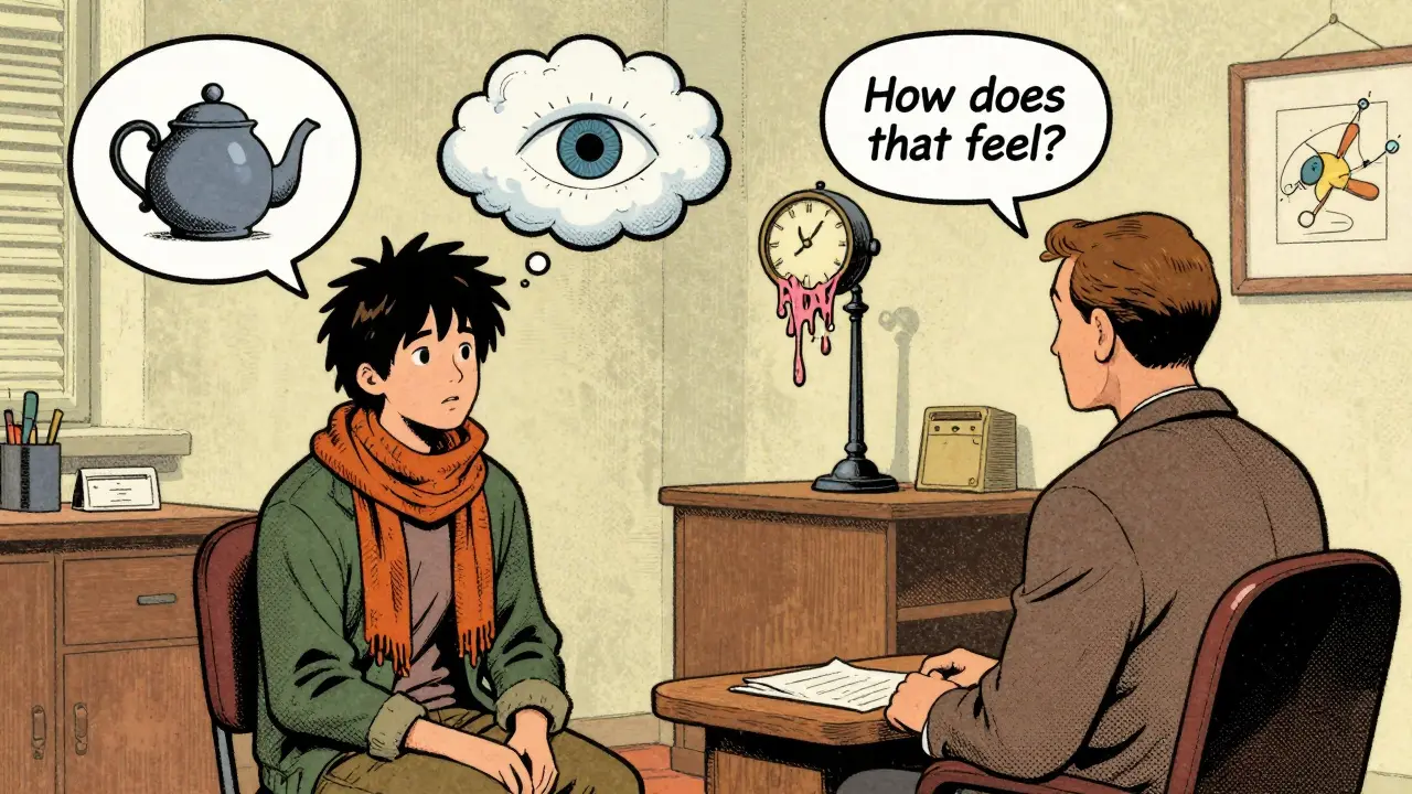 Terapeut a pacient v kanceláři, nad hlavou pacienta se vynořují podivné myšlenky.