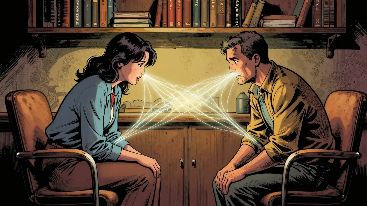 Terapeut a pár v kanceláři, emocionální nitky je spojují, teplé stíny.