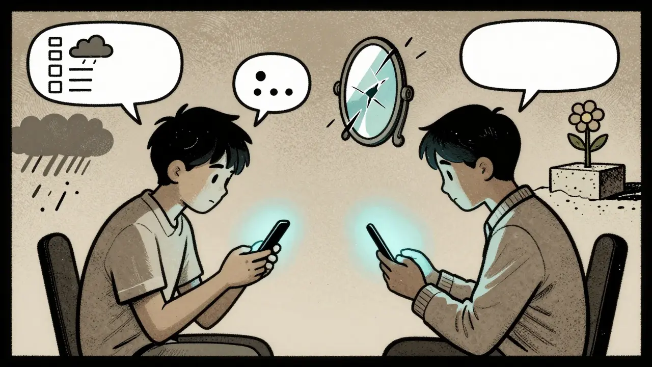 Terapeut a teenagerek komunikují přes telefon s vizuálními metaforami.