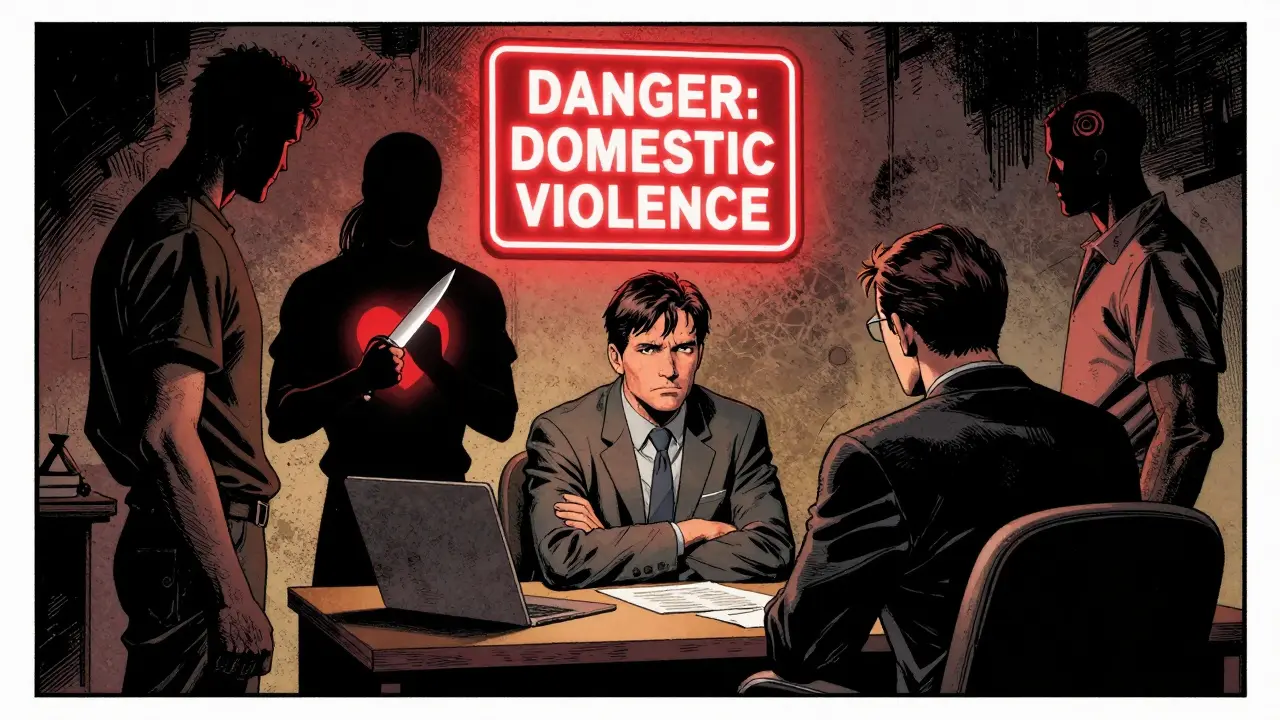 Terapeut čelí páru, kde jeden drží stínový nůž nad druhým, nad nimi červené varování.