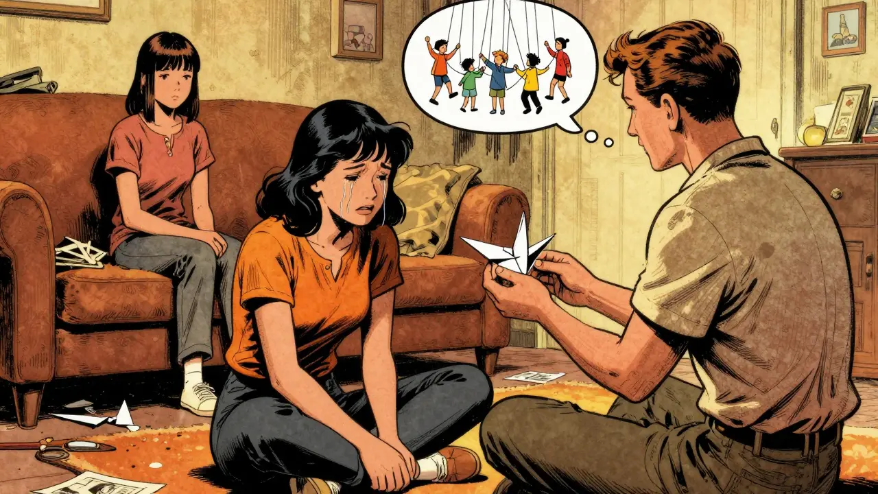 Terapeut na zemi drží papírového žába, matka pláče, dcera pozoruje z behind sofě, v myšlenkové bublině jsou rodinné postavy na provázcích.