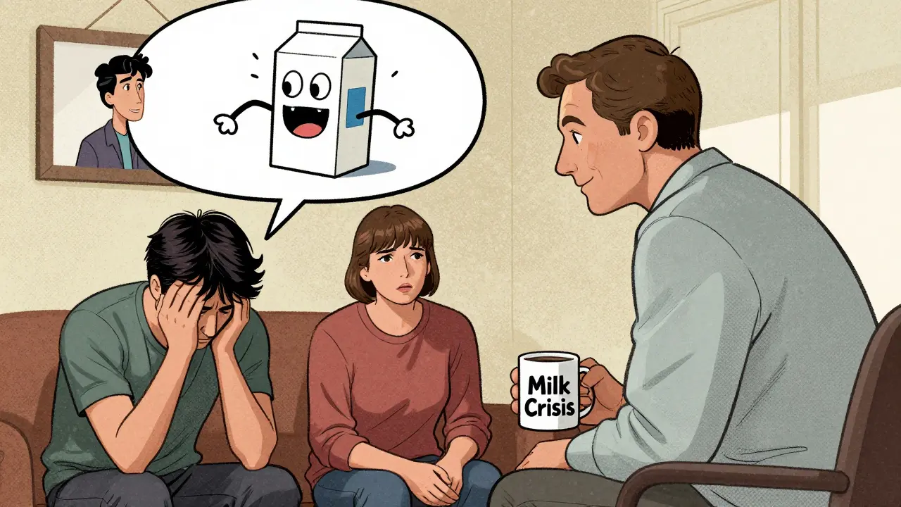 Terapeut s kávou představuje konflikt o mléko jako kreslenou bitvu v terapii párů.