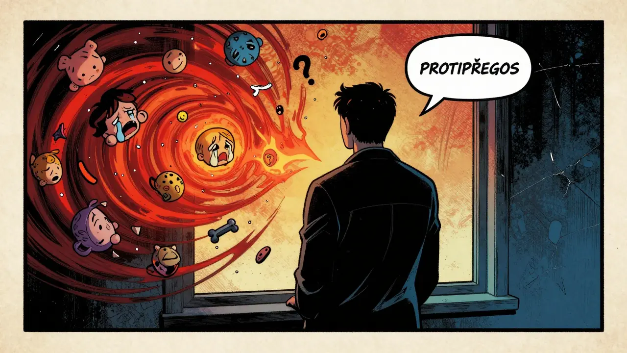 Terapeut u okna, kolem něj se točí emocionální symboly z minulosti, v chladných odstínech.