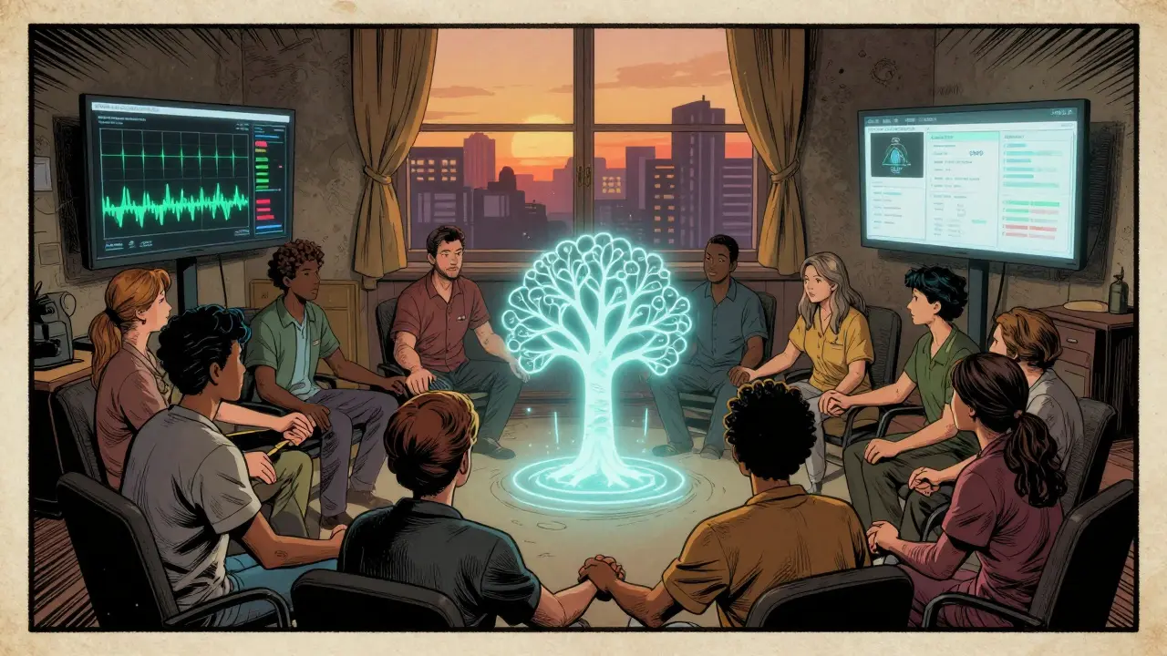 Terapeuti v kruhu kolem stromu přivázání, digitální obrazovky a úsvit za oknem.