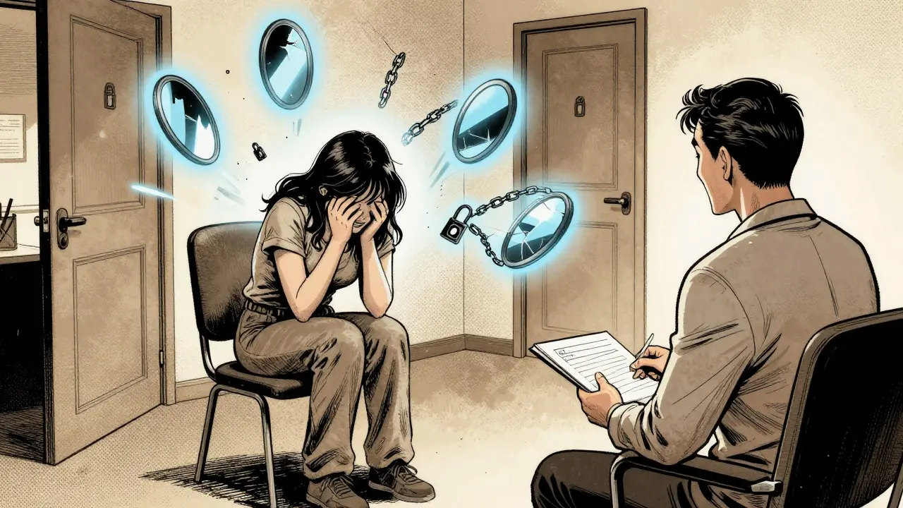 Terapeutické sezení: muž se usmívá, žena se třese, kolem ní plavou řetězy a zrcadla.