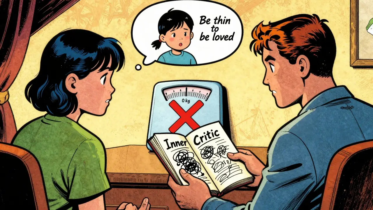 Terapeutka a pacientka sedí u stolu, nad nimi se vynořuje dětská scéna s větou 'Buď tenká, abys byla milovaná'.