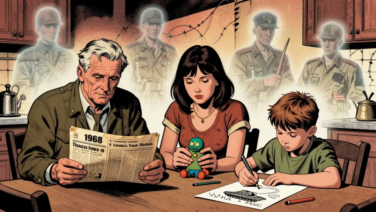 Tři generace české rodiny mlčí u stolu, kolem nich se vynořují duchy války.