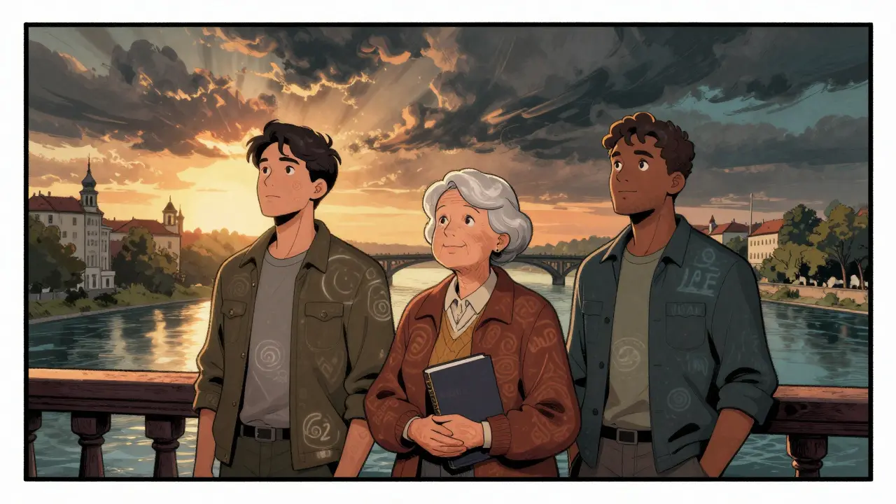 Tři lidé pod mostem na Vltavě, každý s jemným zářivým vzorem kolem sebe, směřující k slunci za bouřkou.