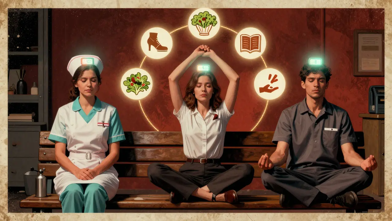 Tři pracovníci v různých prostředích praktikují zdravé návyky s 5minutovými časovači.