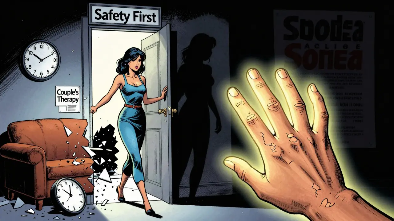 Žena opouští terapii a vstupuje do bezpečného prostoru, za ní zůstává rozbitá křeslo a hodiny.