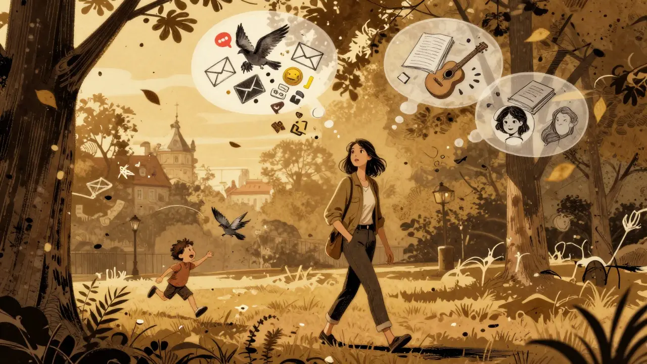 Žena prochází parkem, telefon v kapsě, zatímco digitální hluk mizí ve větru.