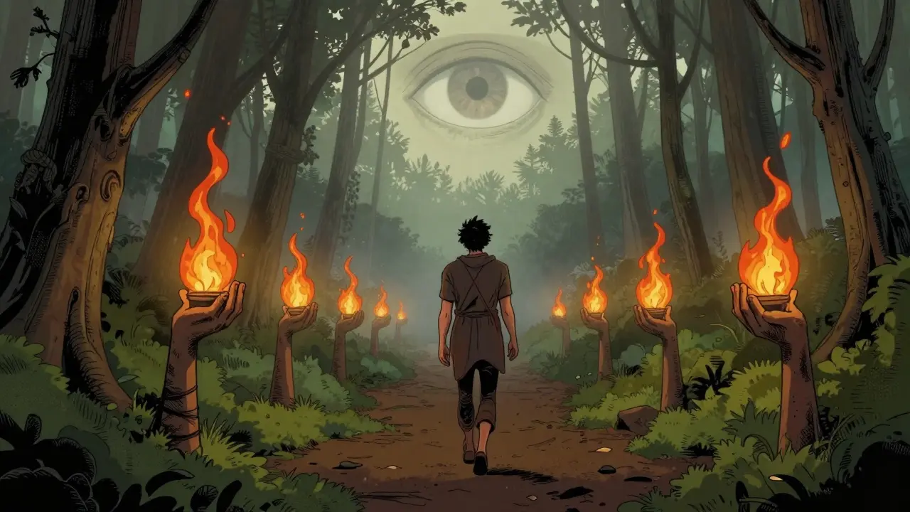 Člověk kráčí lesem, každý krok uvolňuje zářící jiskru, cesta vede k lampionům tvaru rukou.