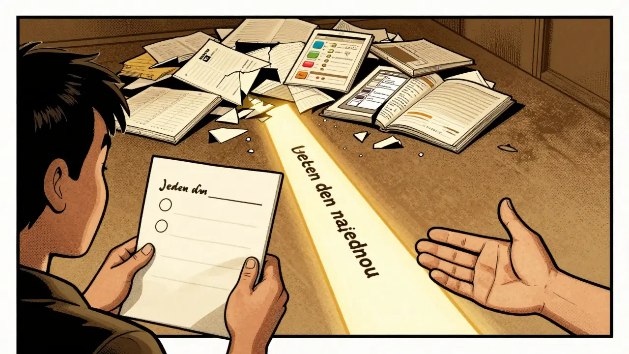 Člověk s jednoduchým plánovačem postupuje po zlaté cestě, zatímco komplikované aplikace leží za ním.