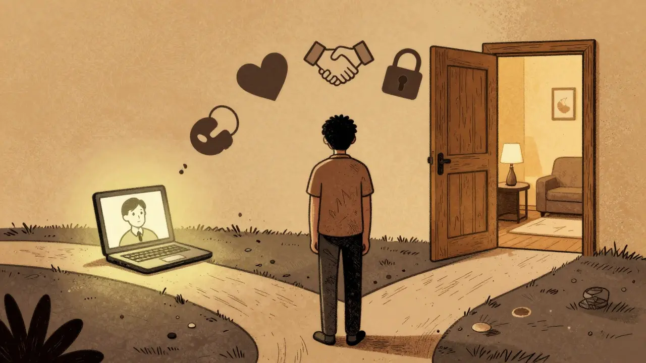 Člověk stojí na rozcestí mezi online a osobní terapií, symboly výběru visí ve vzduchu.