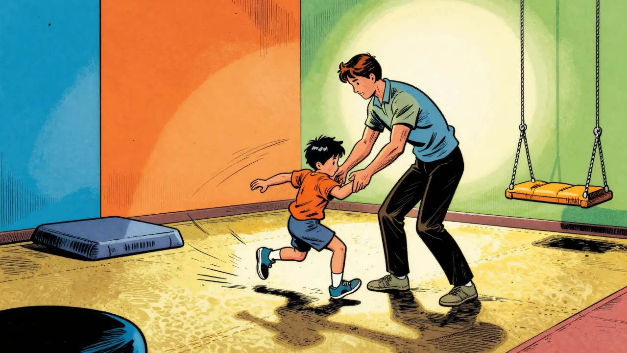 Dítě se pohybuje v aktivní zóně s barevnými stěnami a texturovaným podlahovým povrchem.