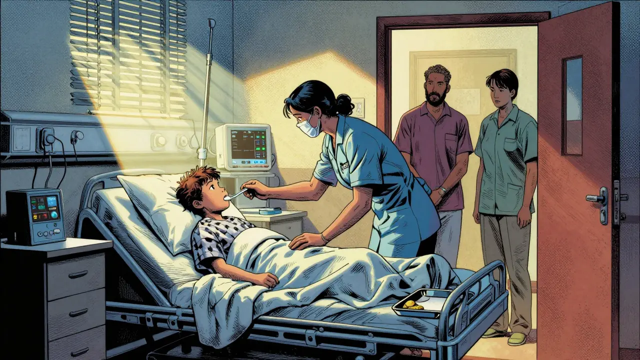 Dítě v nemocnici je krmeno sestrou, rodiče pozorují z dveří při světle dne.